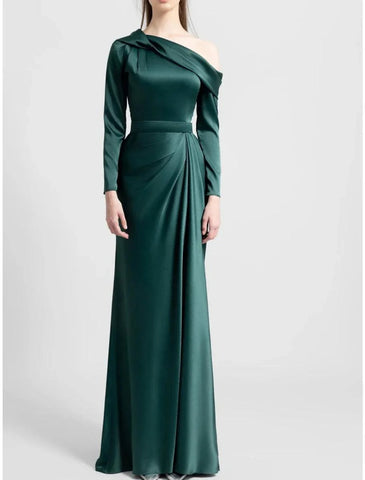 A-Linie Kleid für die Brautmutter, Hochzeitsgast, elegant, schulterfrei, Sweep/Pinselschleppe, Stretch-Satin, lange Ärmel mit Rüschen, einfarbig