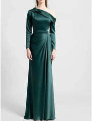 A-Line Mother of the Bride Dress Wedding Guest Elegant Off Shoulder Sweep / Brush Train Stretch Satin Long Sleeve with Ruching Solid Color