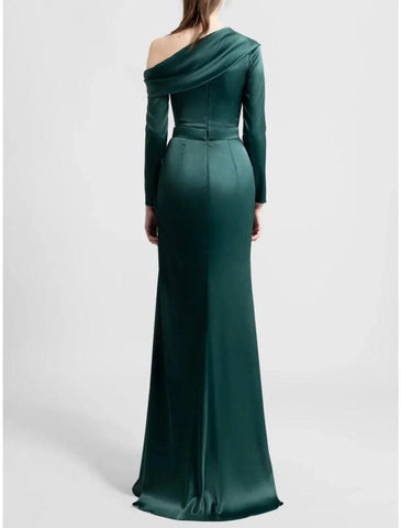 A-Linie Kleid für die Brautmutter, Hochzeitsgast, elegant, schulterfrei, Sweep/Pinselschleppe, Stretch-Satin, lange Ärmel mit Rüschen, einfarbig