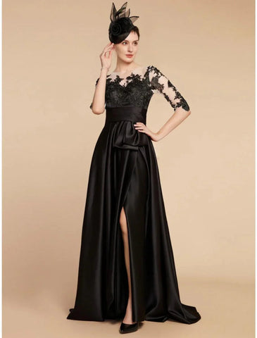 A-Linie Kleid für die Mutter der Braut, Hochzeitsgast, elegant, Party, runder Ausschnitt, Schleppe, Satin, Spitze, halbe Ärmel, geschlitzte Vorderseite, Rüschen, einfarbig