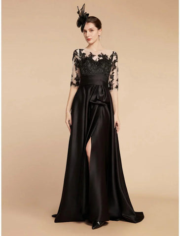 A-Linie Kleid für die Mutter der Braut, Hochzeitsgast, elegant, Party, runder Ausschnitt, Schleppe, Satin, Spitze, halbe Ärmel, geschlitzte Vorderseite, Rüschen, einfarbig