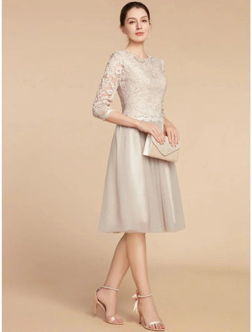 A-Linien-Kleid für die Mutter der Braut, Hochzeitsgast, elegant, zierlich, Rundhalsausschnitt, knielang, Chiffon, Spitze, 3/4-Ärmel mit Falten, Pailletten