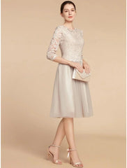 A-Line Mother of the Bride Dress Wedding Guest Elegant Petite Jewel Neck Knee Length Chiffon Lace 3/4 Length Sleeve with Pleats Sequin
