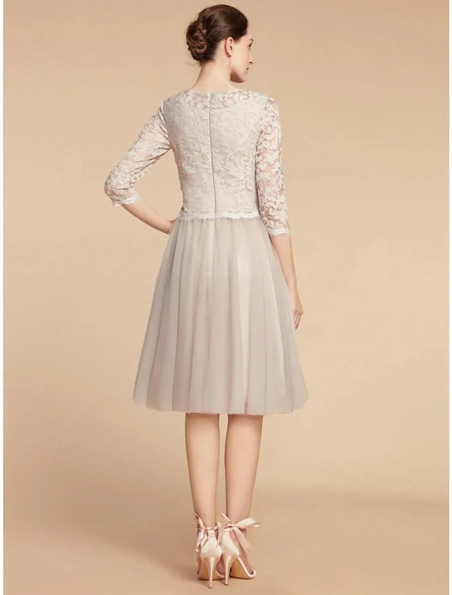 A-Line Mother of the Bride Dress Wedding Guest Elegant Petite Jewel Neck Knee Length Chiffon Lace 3/4 Length Sleeve with Pleats Sequin
