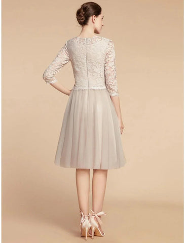 A-Linien-Kleid für die Mutter der Braut, Hochzeitsgast, elegant, zierlich, Rundhalsausschnitt, knielang, Chiffon, Spitze, 3/4-Ärmel mit Falten, Pailletten