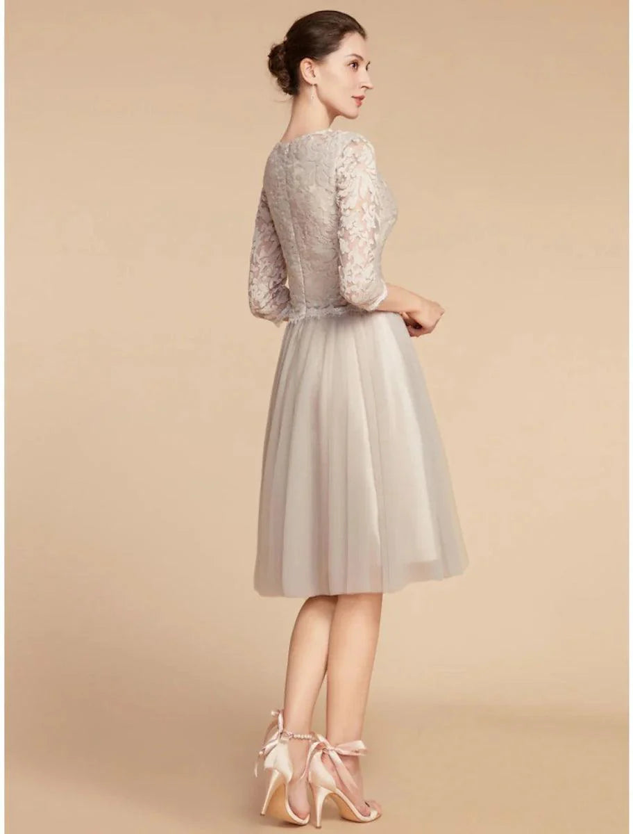 A-Line Mother of the Bride Dress Wedding Guest Elegant Petite Jewel Neck Knee Length Chiffon Lace 3/4 Length Sleeve with Pleats Sequin