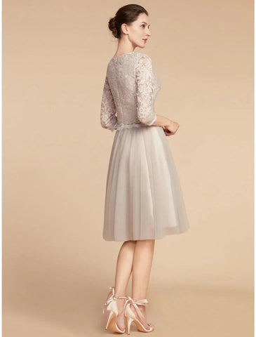 A-Linien-Kleid für die Mutter der Braut, Hochzeitsgast, elegant, zierlich, Rundhalsausschnitt, knielang, Chiffon, Spitze, 3/4-Ärmel mit Falten, Pailletten