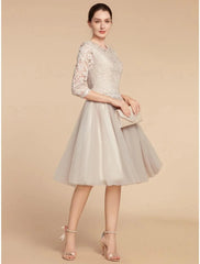 A-Line Mother of the Bride Dress Wedding Guest Elegant Petite Jewel Neck Knee Length Chiffon Lace 3/4 Length Sleeve with Pleats Sequin