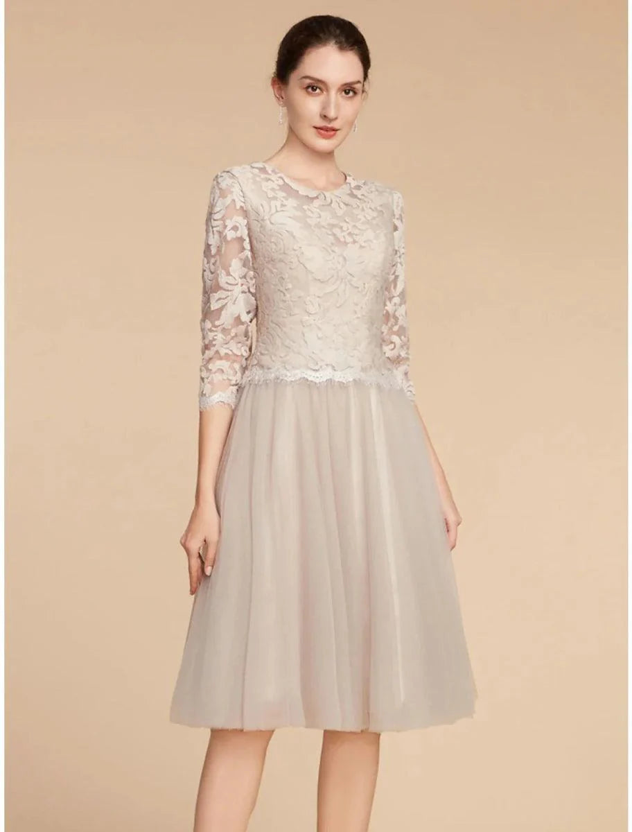 A-Line Mother of the Bride Dress Wedding Guest Elegant Petite Jewel Neck Knee Length Chiffon Lace 3/4 Length Sleeve with Pleats Sequin