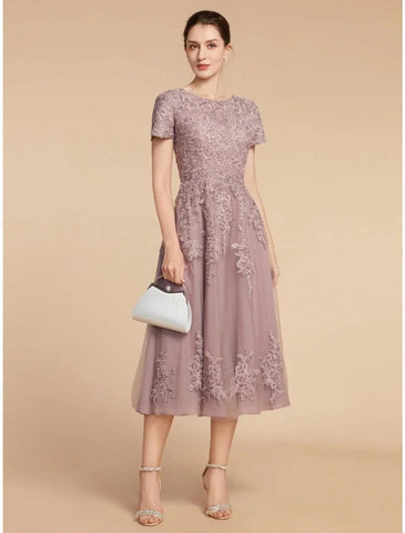 A-Linien-Kleid für die Mutter der Braut, Hochzeitsgast, elegant, zierlich, Rundhalsausschnitt, teelang, Spitze, Tüll, kurze Ärmel, mit Rüschen, Blume