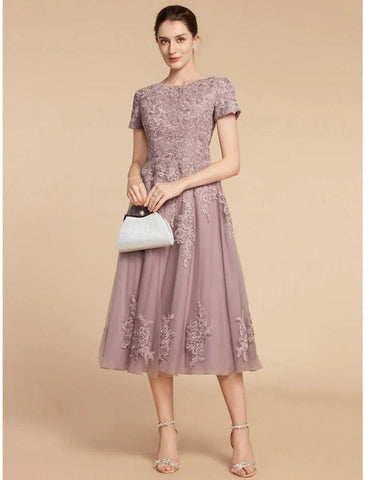 A-Linien-Kleid für die Mutter der Braut, Hochzeitsgast, elegant, zierlich, Rundhalsausschnitt, teelang, Spitze, Tüll, kurze Ärmel, mit Rüschen, Blume