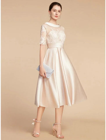 A-Linien-Kleid für die Mutter der Braut, Hochzeitsgast, elegant, zierlich, U-Ausschnitt, knielang, Satin, Spitze, halbe Ärmel mit Applikationen, Rüschen, einfarbig