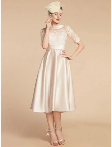 A-Linien-Kleid für die Mutter der Braut, Hochzeitsgast, elegant, zierlich, U-Ausschnitt, knielang, Satin, Spitze, halbe Ärmel mit Applikationen, Rüschen, einfarbig