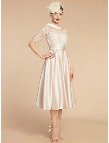 A-Linien-Kleid für die Mutter der Braut, Hochzeitsgast, elegant, zierlich, U-Ausschnitt, knielang, Satin, Spitze, halbe Ärmel mit Applikationen, Rüschen, einfarbig