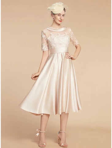 A-Linien-Kleid für die Mutter der Braut, Hochzeitsgast, elegant, zierlich, U-Ausschnitt, knielang, Satin, Spitze, halbe Ärmel mit Applikationen, Rüschen, einfarbig