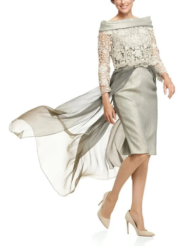 A-Linie Kleid für die Mutter der Braut, Hochzeitsgast, elegant, zierlich, U-Ausschnitt, knielang, Satin, lange Ärmel, mit Spitzenschleife(n), Rüschen