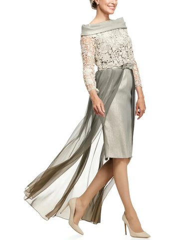 A-Linie Kleid für die Mutter der Braut, Hochzeitsgast, elegant, zierlich, U-Ausschnitt, knielang, Satin, lange Ärmel, mit Spitzenschleife(n), Rüschen