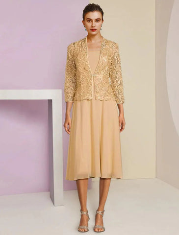 A-Linien-Kleid für die Mutter der Braut, Hochzeitsgast, elegant, zierlich, U-Ausschnitt, knielang, Chiffon, Spitze, 3/4-Ärmel mit Falten, Kristallbrosche