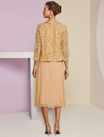 A-Linien-Kleid für die Mutter der Braut, Hochzeitsgast, elegant, zierlich, U-Ausschnitt, knielang, Chiffon, Spitze, 3/4-Ärmel mit Falten, Kristallbrosche