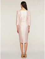 A-Line Mother of the Bride Dress Wedding Guest Elegant Petite V Neck Knee Length Satin 3/4 Length Sleeve with Bow(s) Split Front Ruching