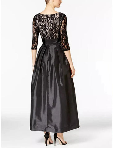 A-Linie Kleid für die Brautmutter, Hochzeitsgast, elegant, U-Ausschnitt, knöchellang, Satin, Spitze, halbe Ärmel, mit Schleife(n), Rüschen