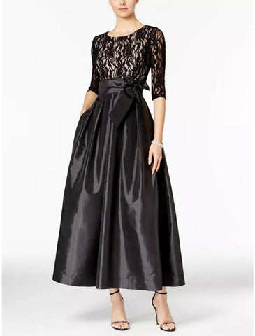 A-Linie Kleid für die Brautmutter, Hochzeitsgast, elegant, U-Ausschnitt, knöchellang, Satin, Spitze, halbe Ärmel, mit Schleife(n), Rüschen