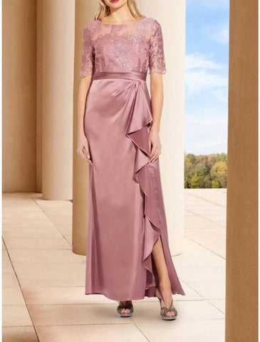 A-Linien-Kleid für die Mutter der Braut, Hochzeitsgast, elegant, U-Ausschnitt, knöchellang, Stretch-Satin, kurze Ärmel mit Spitze, Schlitz vorne, Rüschen