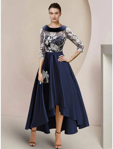 A-Linien-Kleid für die Mutter der Braut, Hochzeitsgast, elegant, U-Ausschnitt, asymmetrisch, knöchellang, Satin, Spitze, halbe Ärmel mit Rüschen