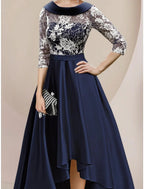 Vestido de mãe da noiva em corte A, elegante, decote redondo, assimétrico, comprimento até ao tornozelo, renda acetinada, meia manga com franzido