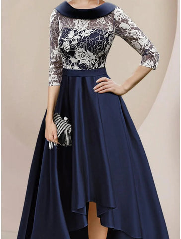 A-Linien-Kleid für die Mutter der Braut, Hochzeitsgast, elegant, U-Ausschnitt, asymmetrisch, knöchellang, Satin, Spitze, halbe Ärmel mit Rüschen