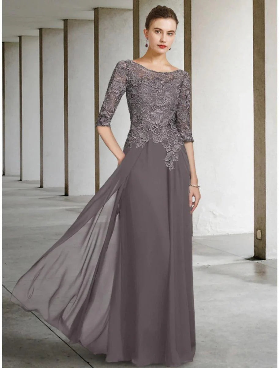 A-Line Mother of the Bride Dress Wedding Guest Elegant Scoop Neck Floor Length Chiffon Lace Half Sleeve with Ruching Solid Color