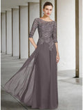 A-Line Mother of the Bride Dress Wedding Guest Elegant Scoop Neck Floor Length Chiffon Lace Half Sleeve with Ruching Solid Color