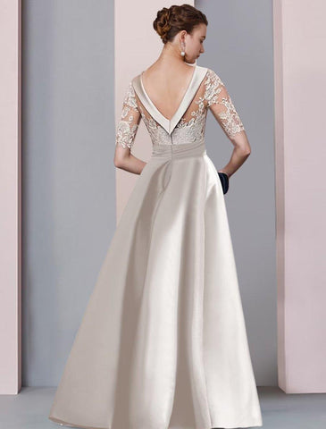A-Linien-Kleid für die Mutter der Braut, Hochzeitsgast, elegant, U-Ausschnitt, bodenlang, Satin, Spitze, halbe Ärmel mit Schleife(n), Applikationen, Schlitz vorne