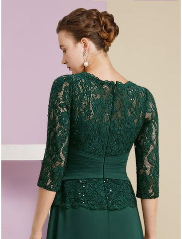 A-Linien-Kleid für die Mutter der Braut, Hochzeitsgast, elegant, U-Ausschnitt, bodenlang, Stretch-Chiffon, 3/4-Ärmel mit Spitzen-Pailletten-Rüstung