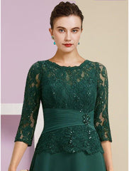 A-Line Mother of the Bride Dress Wedding Guest Elegant Scoop Neck Floor Length Stretch Chiffon 3/4 Length Sleeve with Lace Sequin Ruching