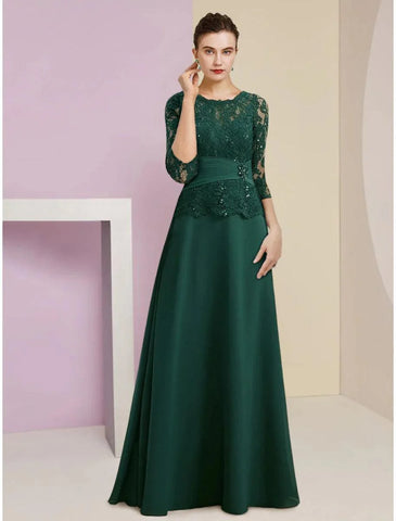 A-Linien-Kleid für die Mutter der Braut, Hochzeitsgast, elegant, U-Ausschnitt, bodenlang, Stretch-Chiffon, 3/4-Ärmel mit Spitzen-Pailletten-Rüstung