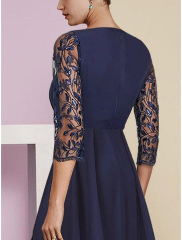 A-Linien-Kleid für die Mutter der Braut, Hochzeitsgast, elegant, U-Ausschnitt, bodenlang, Stretch-Chiffon, halbe Ärmel mit Pailletten-Applikationen, Rüschen