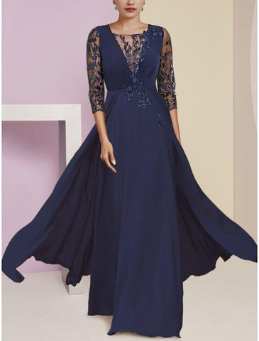 A-Linien-Kleid für die Mutter der Braut, Hochzeitsgast, elegant, U-Ausschnitt, bodenlang, Stretch-Chiffon, halbe Ärmel mit Pailletten-Applikationen, Rüschen