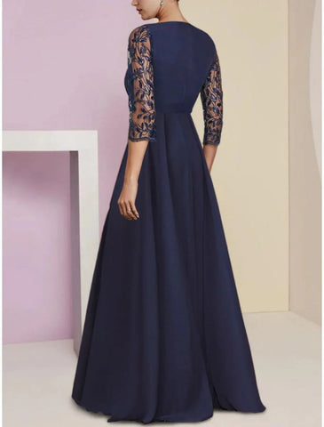 A-Linien-Kleid für die Mutter der Braut, Hochzeitsgast, elegant, U-Ausschnitt, bodenlang, Stretch-Chiffon, halbe Ärmel mit Pailletten-Applikationen, Rüschen