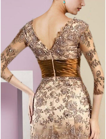 A-Linien-Kleid für die Mutter der Braut, Hochzeitsgast, elegant, U-Ausschnitt, Schleppe/Pinselschleppe, Stretch-Satin, Seidenimitat, 3/4-Ärmel mit Spitzenpailletten