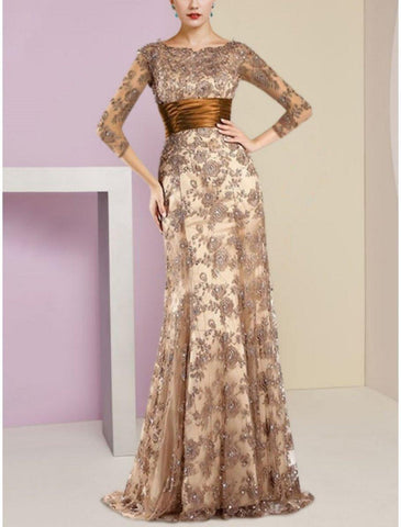 A-Linien-Kleid für die Mutter der Braut, Hochzeitsgast, elegant, U-Ausschnitt, Schleppe/Pinselschleppe, Stretch-Satin, Seidenimitat, 3/4-Ärmel mit Spitzenpailletten