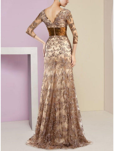 A-Linien-Kleid für die Mutter der Braut, Hochzeitsgast, elegant, U-Ausschnitt, Schleppe/Pinselschleppe, Stretch-Satin, Seidenimitat, 3/4-Ärmel mit Spitzenpailletten
