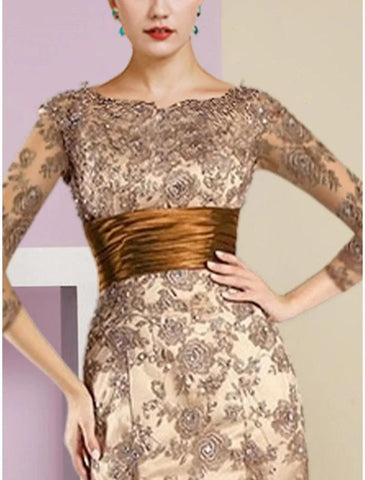 A-Linien-Kleid für die Mutter der Braut, Hochzeitsgast, elegant, U-Ausschnitt, Schleppe/Pinselschleppe, Stretch-Satin, Seidenimitat, 3/4-Ärmel mit Spitzenpailletten