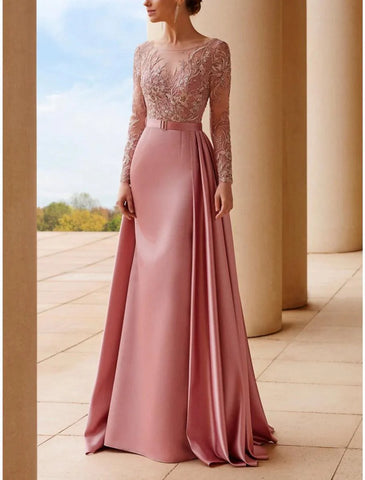 A-Linie Kleid für die Brautmutter, Hochzeitsgast, elegant, U-Ausschnitt, Schleppe/Pinselschleppe, Stretch-Satin, lange Ärmel mit Spitzenschärpe/Band