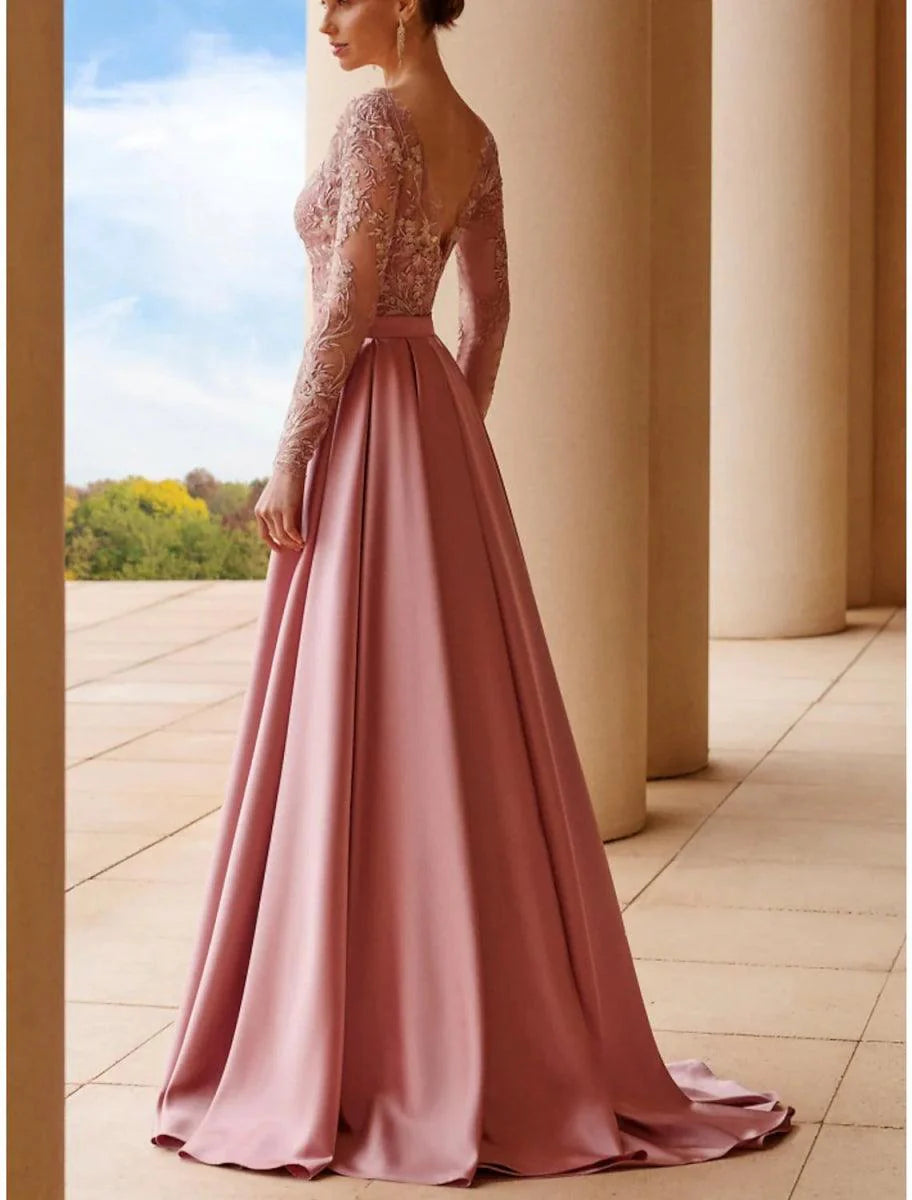 Vestido de mãe da noiva em corte A, elegante, decote redondo, cauda comprida, cetim elástico, com faixa/fita de renda