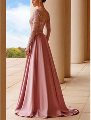A-Line Mother of the Bride Dress Wedding Guest Elegant Scoop Neck Sweep / Brush Train Stretch Satin Long Sleeve with Lace Sash / Ribbon
