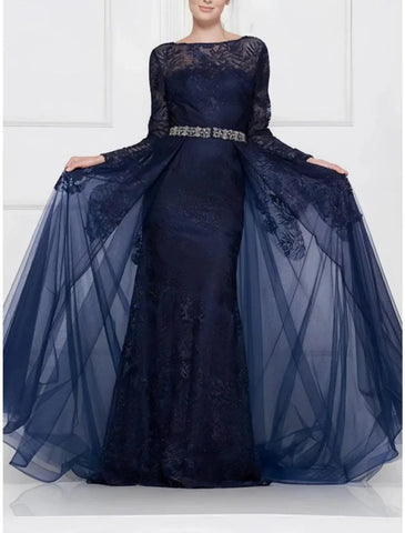 A-Linie Kleid für die Mutter der Braut, Hochzeitsgast, elegant, U-Ausschnitt, Schleppe/Pinselschleppe, Tüll, lange Ärmel mit Spitze, Kristallen, Rüschen