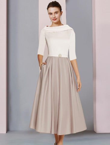 A-Linie Kleid für die Mutter der Braut, Hochzeitsgast, elegant, U-Ausschnitt, knielang, Satin, halbe Ärmel, mit Falten, Kristallbrosche, Farbblock