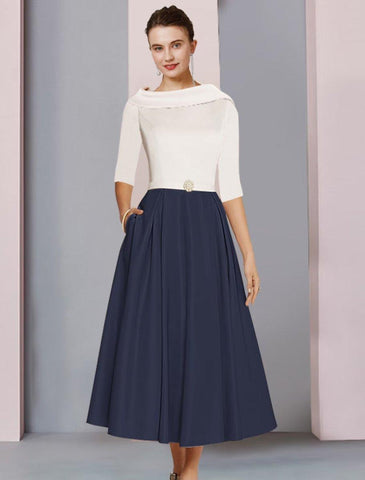 A-Linie Kleid für die Mutter der Braut, Hochzeitsgast, elegant, U-Ausschnitt, knielang, Satin, halbe Ärmel, mit Falten, Kristallbrosche, Farbblock