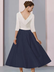 A-Line Mother of the Bride Dress Wedding Guest Elegant Scoop Neck Tea Length Satin Half Sleeve with Pleats Crystal Brooch Color Block